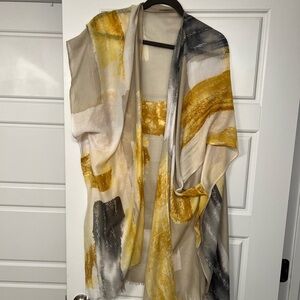 NWOT one size yellow gray abstract shawl wrap cardigan. Sheer.